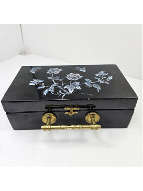 Vintage Asian Black Lacquer Jewelry Box Mother of Pearl Inlay Mirror Brass...
